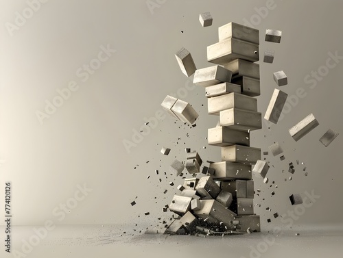 Collapsing D Tower of Blocks Symbolizing Failure and Domino Effect