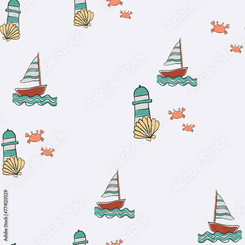 Cute colorful marine sailor marine animals jellyfish crab sheep starfish whale seamless print pattern graphic tee design for kids market as vector  © Buse