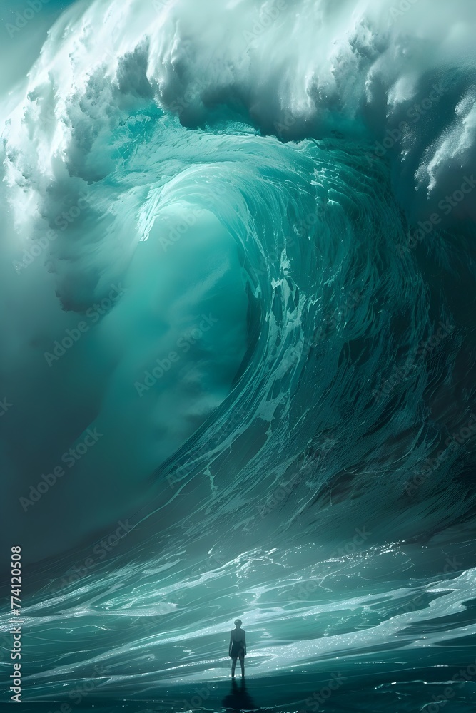 Courageous Surfer Facing the Towering Crashing Waves of the Majestic Ocean