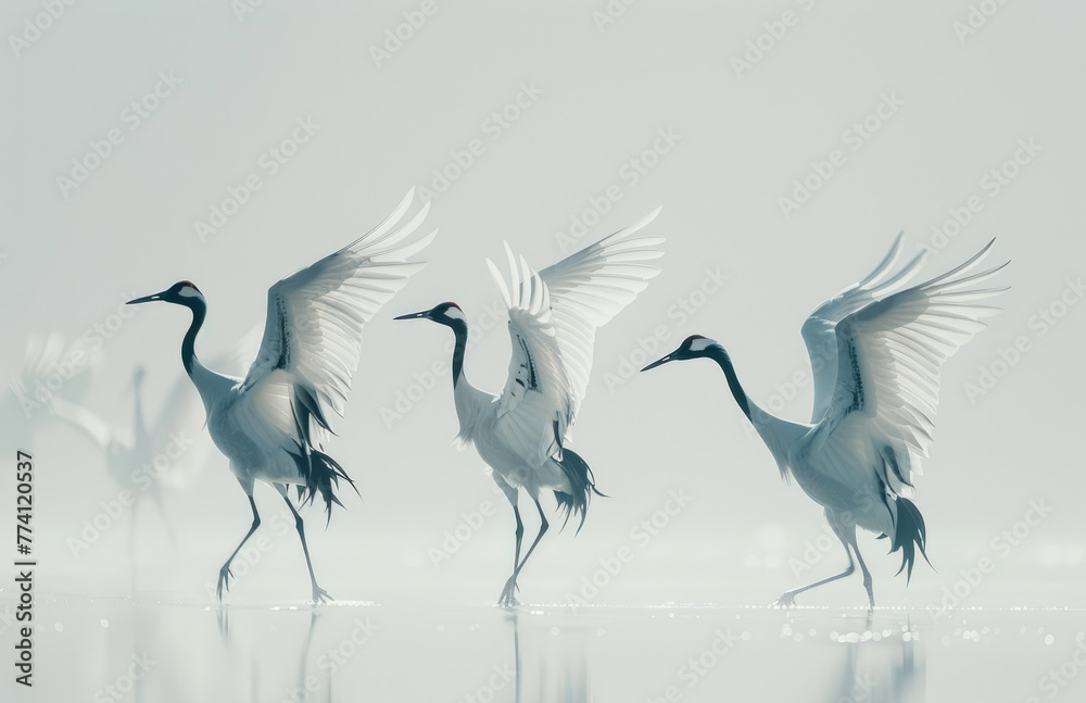 Fototapeta premium Redcrowned cranes dance gracefully in the snow, their wings spread wide and majestic against the pristine white backdrop of northern China's frozen landscapes