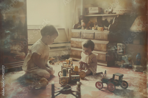 A faded photograph of children playing with old-fashioned toys in a vintage nursery setting photo