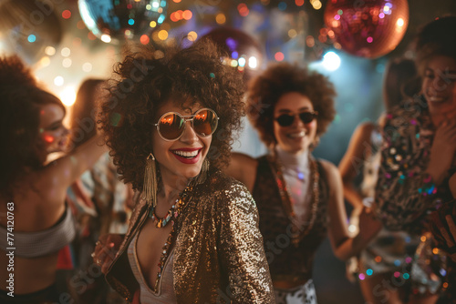 A group of friends dressed in 70s attire dancing at a retro-themed disco party, with glittering disco balls and funky music setting the mood