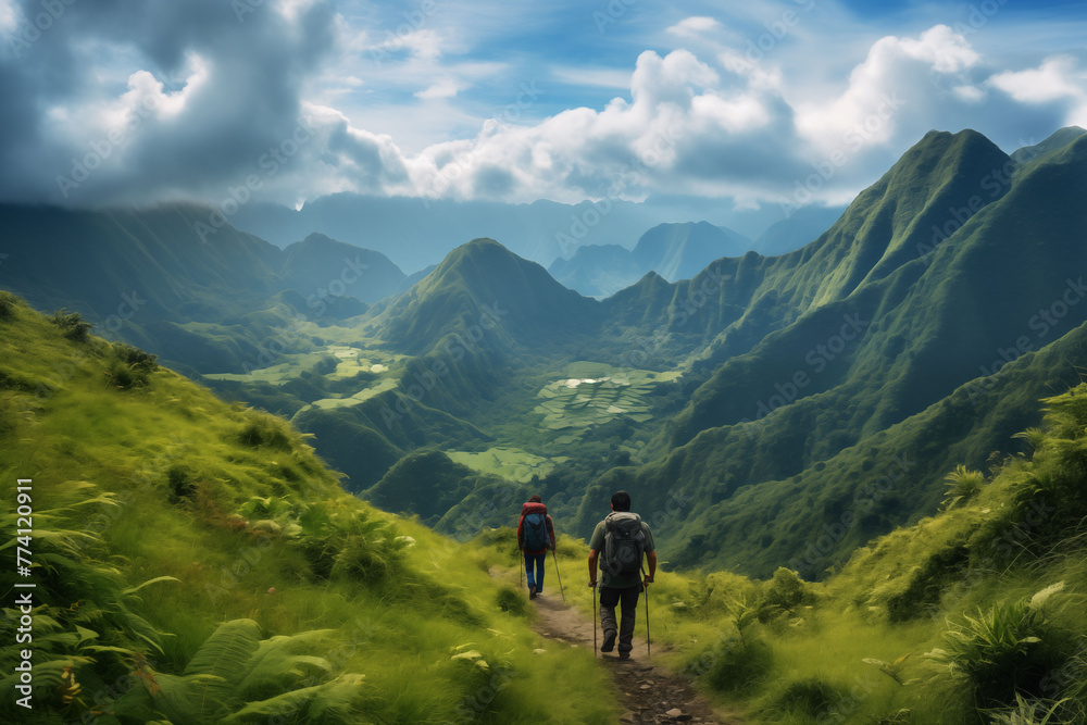 A true-to-life depiction of an adventurous hike through lush green mountains, with hikers trekking along winding trails