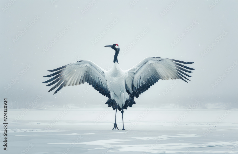 Fototapeta premium Redcrowned cranes dance gracefully in the snow, their wings spread wide and majestic against the pristine white backdrop of northern China's frozen landscapes