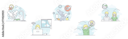 Quarantine and Coronavirus Preventive Measure Line Vector Set