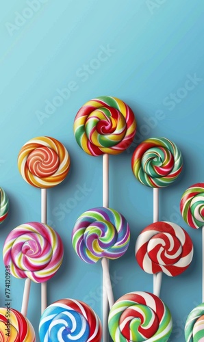 Colorful sweet lollipops, beautiful background with copyspace for your text, 3d style