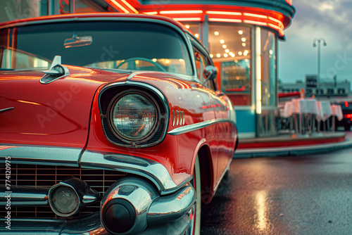 A vintage car parked in front of a retro diner, evoking nostalgia for the 1950s era