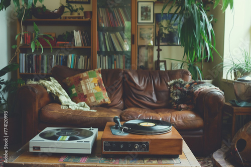 A vintage record player spinning vinyl records in a cozy living room adorned with retro decor photo