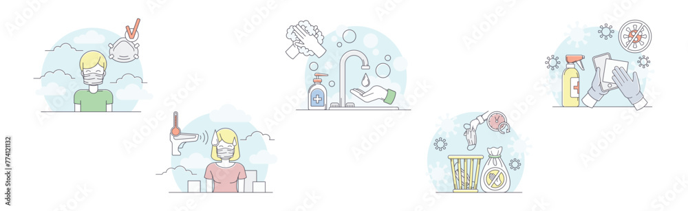 Quarantine and Coronavirus Preventive Measure Line Vector Set Quarantine and Coronavirus Preventive Measure Line Vector Set