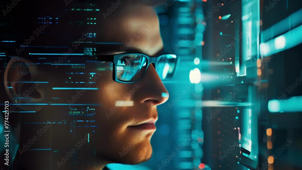 A man male person wearing glasses looks at futuristic digital glowing ...