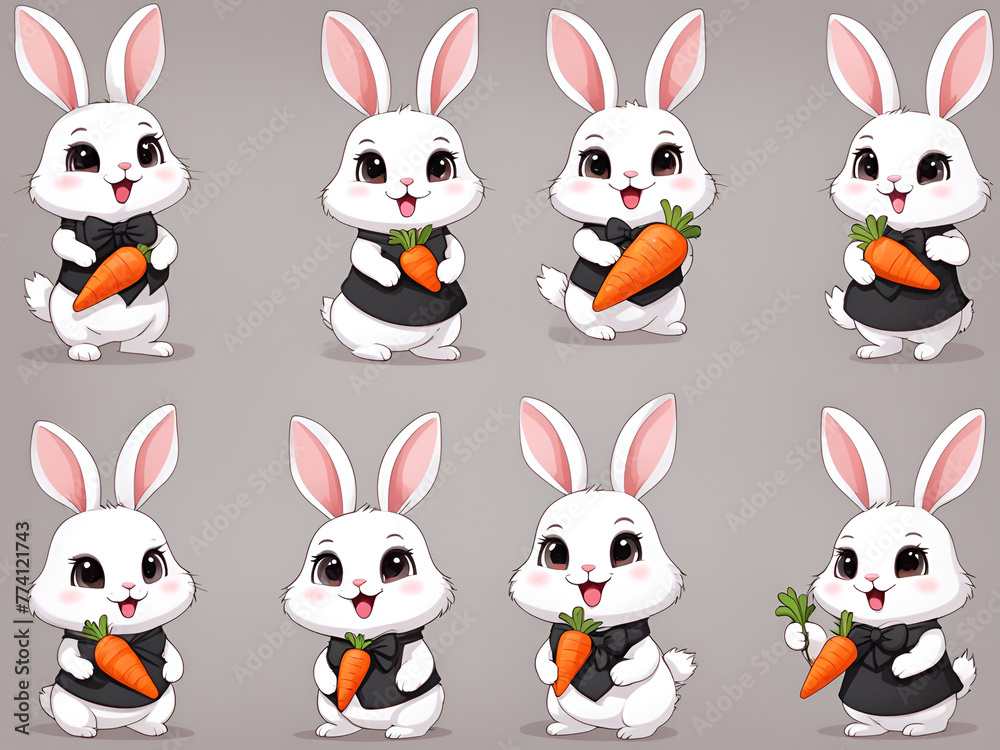Cute rabbit, holding carrots in hand, with a bow around the neck, multiple poses and expressions ,hand drawn rabbit emoticon pack, white and black rabbit logo Cute rabbit, holding carrots in hand, with a bow around the neck, multiple poses and expressions ,hand drawn rabbit emoticon pack, white and black rabbit logo