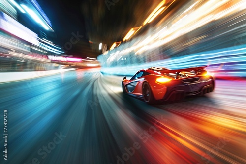 Wheeling machines blur past on a meticulously detailed racetrack, showcasing the dynamic speed and intensity of a high-octane car race. The vibrant color palette fuels the excitement © Martin