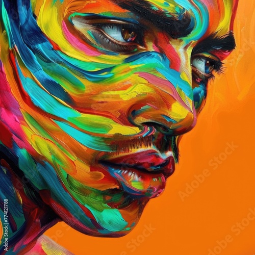 A vibrant  multicolored abstract portrait painting with swirling patterns and an orange background.