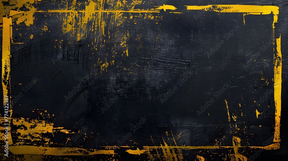 Expressive yellow brushstrokes delineating grunge border on isolated black backdrop, abstract diagonal police lines in yellow on rugged black background