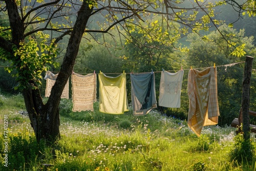 Laundry hanging on clothesline outdoor in the green nature --ar 3:2 --v 6.0 - Image #3 @kashif320
