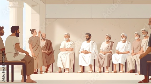 Apostle Paul Mentoring Ephesian Elders in Minimalist Religious Leadership Training, Watercolor Biblical Illustration ,copy space , minimalist photo