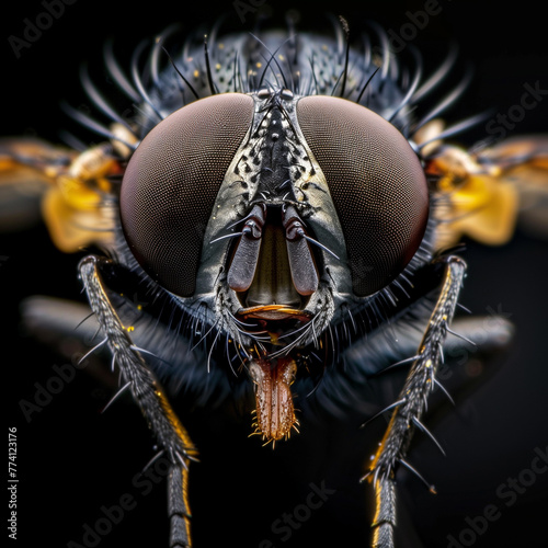 High quality macro shot of a fly's head on a Black background
