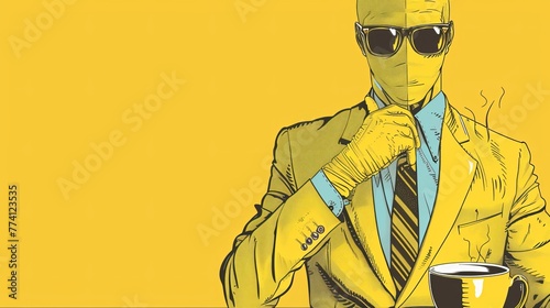 Morning coffee improves everything. A comic-style yellow suit picture. It's modern, like an art collage for a cool city magazine. 