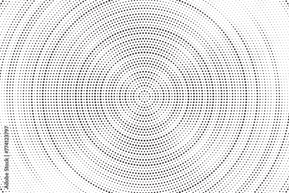 Radial halftone gradient background. Dotted concentric texture with fading effect. Black and white circle shade wallpaper. Grunge rough vector. Monochrome backdrop. Vector illustration.