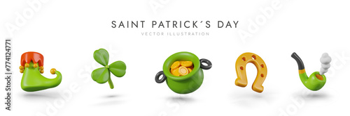 Elf boot, green shamrock, cauldron with coins, golden horseshoe, pipe with smoke