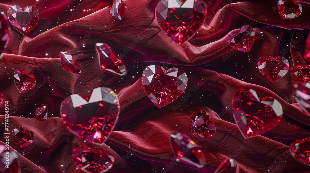An immersive 3D rendering of a collection of heart-shaped red rubies floating in space with each gemstone turning slowly to display its unique beauty