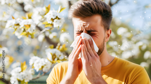 man blowing his nose due to spring allergies - pollen allergy concept photo