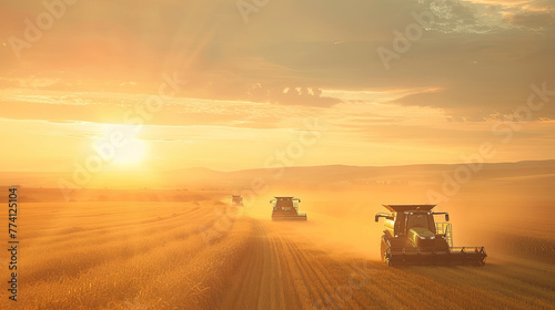 Dynamic angle of a fleet of tractors and combines working in unison to harvest a vast cornfield under the setting sun dust clouds billowing