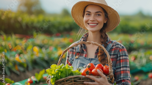 .Modern young woman farmer holding a basket with vegetables.