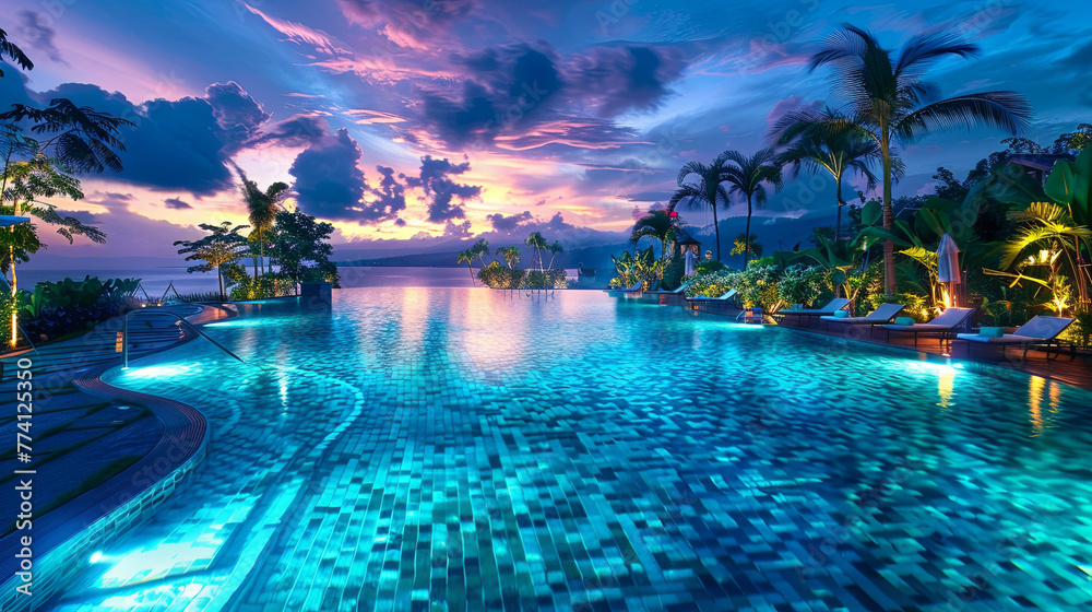 Obraz premium Luxurious resort swimming pool illuminated by underwater lights at twilight surrounded by lush tropical plants and elegant loungers