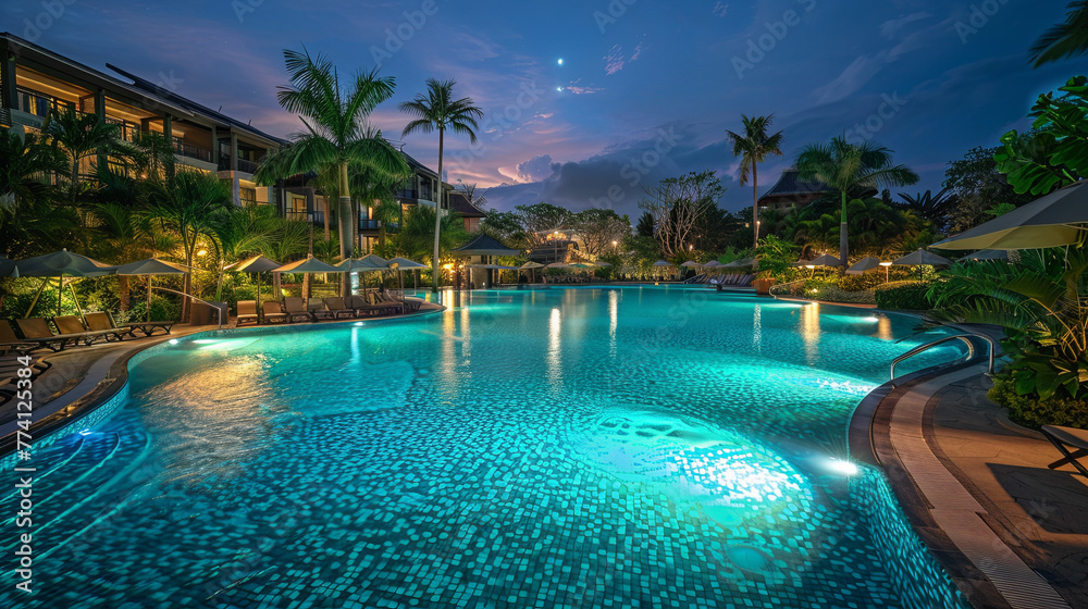 Resort Poolside Tranquility Under Twilight Skies