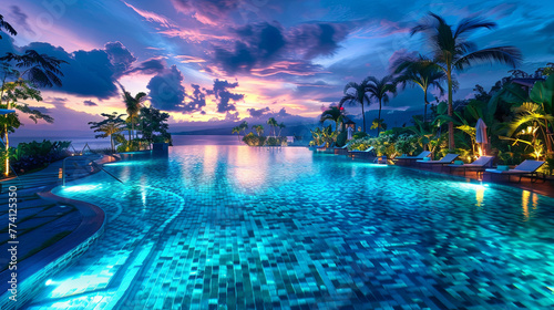 Luxurious resort swimming pool illuminated by underwater lights at twilight surrounded by lush tropical plants and elegant loungers photo