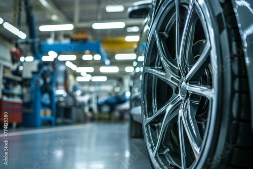 Shiny alloy car wheel in focus against the blurred backdrop of a vehicle service center. © cherezoff