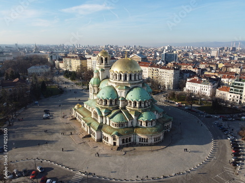Orbital aerial photograph of Alexander Nevsky Cathedral in the Winter sun, Sofia, Bulgaria