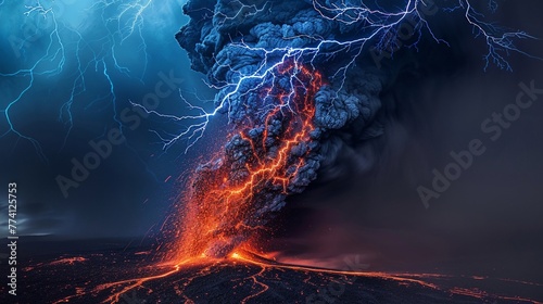 Closeup of volcanic lightning, with electric arcs weaving through the ash, a fierce display of natures energy and chaos photo