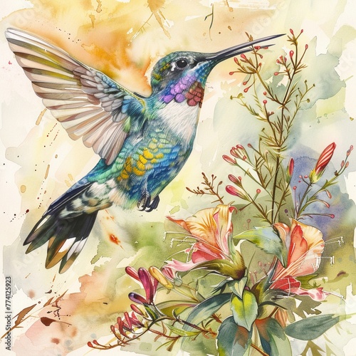 Detailed watercolor of a hummingbird in flight  vibrant colors and delicate features  precise and lifelike in a natural floral setting