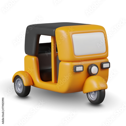 Yellow three wheeled car without doors, motor rickshaw. Vector