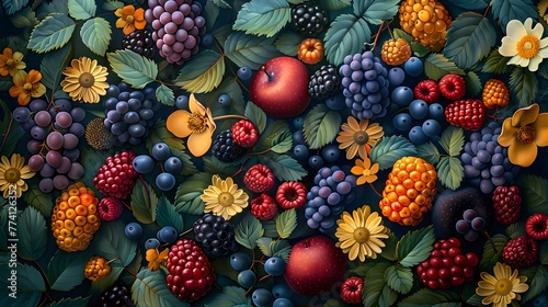 A seamless vector pattern featuring ripe berries like strawberries, raspberries, and blueberries, intermixed with fresh leaves, illustrating a vibrant, healthy summer theme