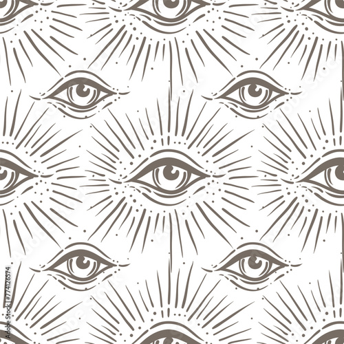 Mystic, magic, background. Religion and the occultism with esoteric and masonic symbols. Medieval manuscript inspired. Vector seamless pattern in retro style. Repeating Trendy stylish texture.