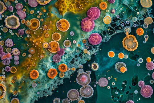 Microbial landscape, magnified view of bacterial colonies resembling an aerial earth view, vibrant and detailed, in a scientific exhibition photo