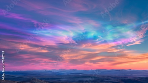 Nacreous clouds, iridescent and glowing at high altitudes, ethereal and colorful, in a polar region sunrise © Phawika