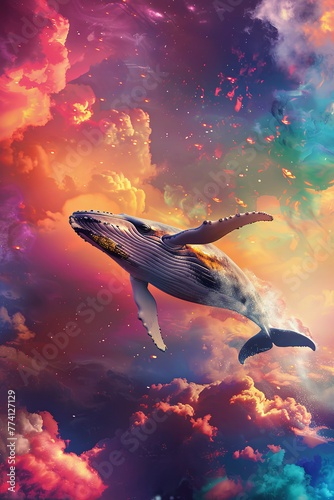 A flying whale surrounded by colorful clouds