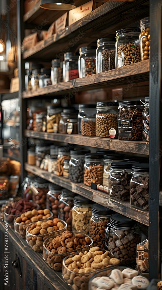 A rustic pet store display features shelves stocked with jars and bowls of various dog treats, offering a wide selection for pet owners.