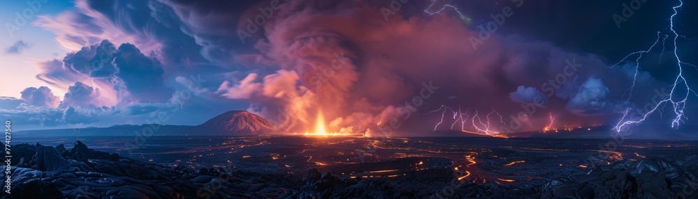 Panoramic view of a volcanic eruption with widespread lightning, a cataclysmic event in a vast, untouched wilderness