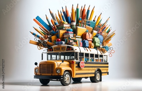 a bus carrying an assortment of school supplies on its roof