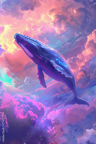 A flying whale surrounded by colorful clouds