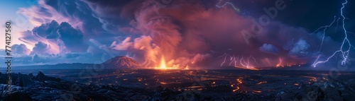 Panoramic view of a volcanic eruption with widespread lightning, a cataclysmic event in a vast, untouched wilderness