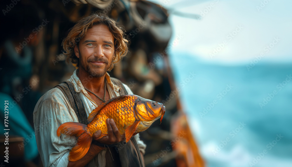 Ship captain holding a big fish. Fisherman with a big catch - golden fish. Fishing industry in the Atlantic and Northern Oceans - obrazy, fototapety, plakaty 