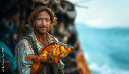 Ship captain holding a big fish. Fisherman with a big catch - golden fish. Fishing industry in the Atlantic and Northern Oceans