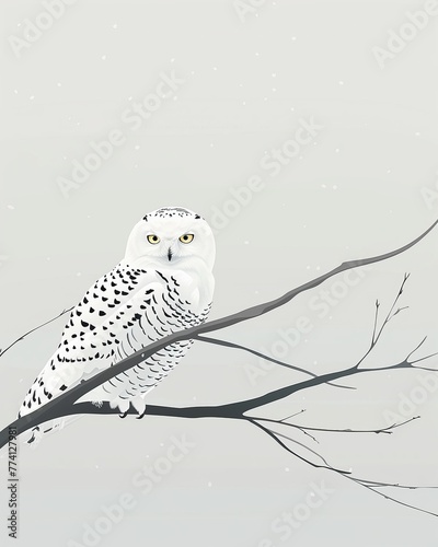 Snowy owl, minimalist cartoon, tranquil and wise, perched in a stark, white winter setting , Sports Photography