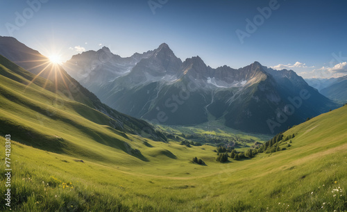 Majestic mountain range, tranquil meadow, panoramic landscape, beauty in nature , detailed © rodrigo
